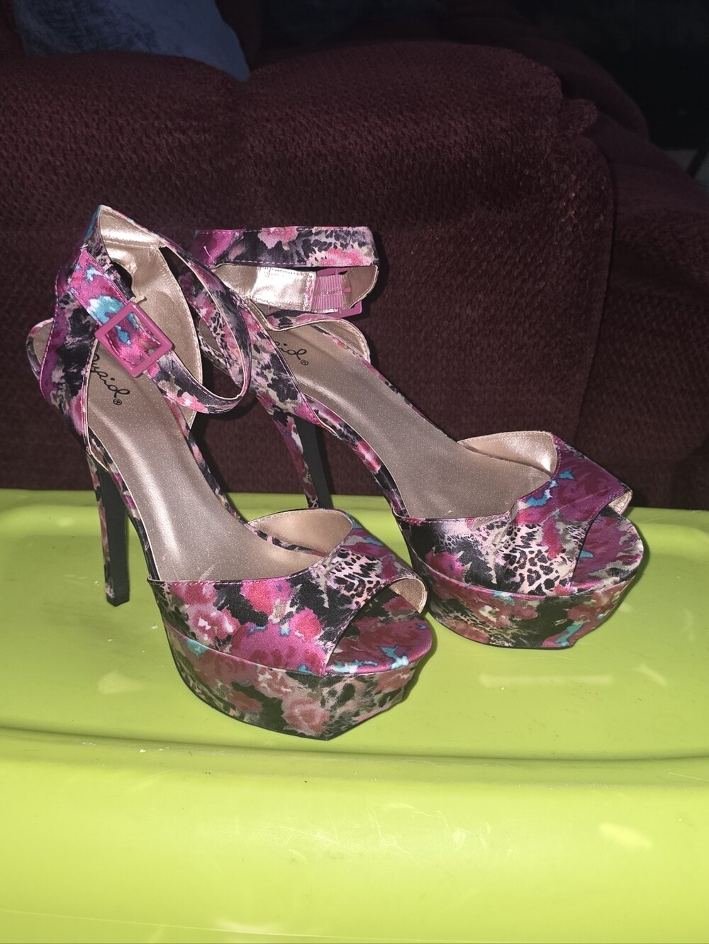 Qupid Pink Floral Platform Ankle-Strap Heels Womens Size 11